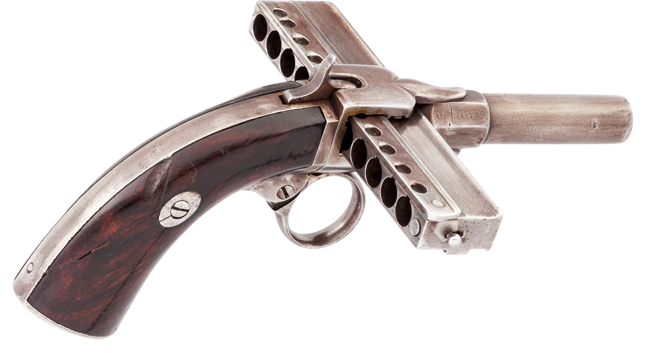 可以快速射击的古董枪,19世纪的口琴手枪