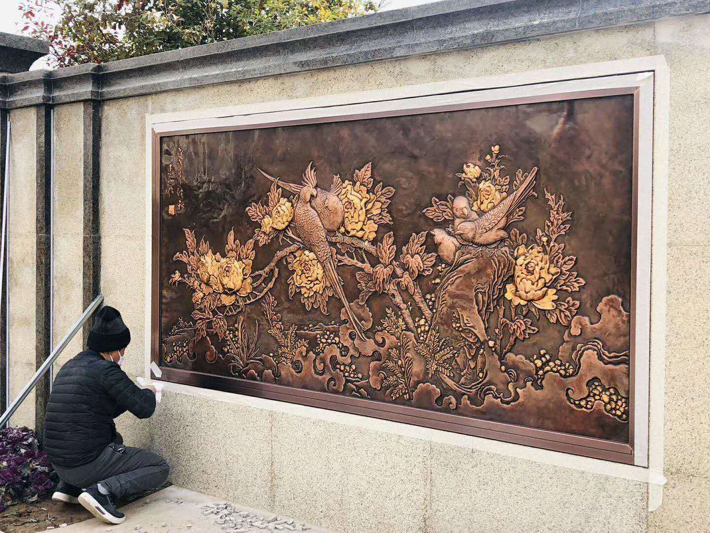 纯铜壁画,售楼部大型铜锻打背景墙3d立体质感