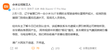 小米回应辽宁营口SU7起火事件：车内遗留火源引燃周边可燃物 烟花与电池无关