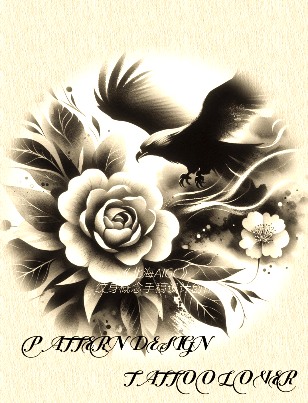 黑白纹身新风尚:山茶花与飞鸟的深情交融