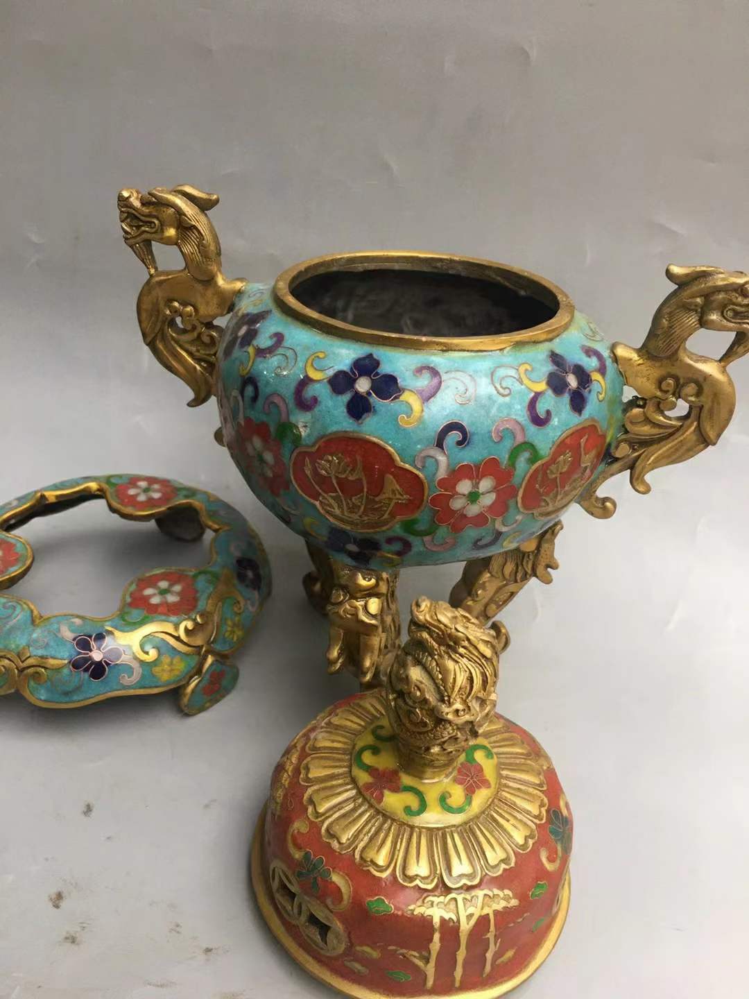 景泰蓝铜胎鎏金掐丝珐琅彩貔貅熏香炉-大明宣德「旧藏」