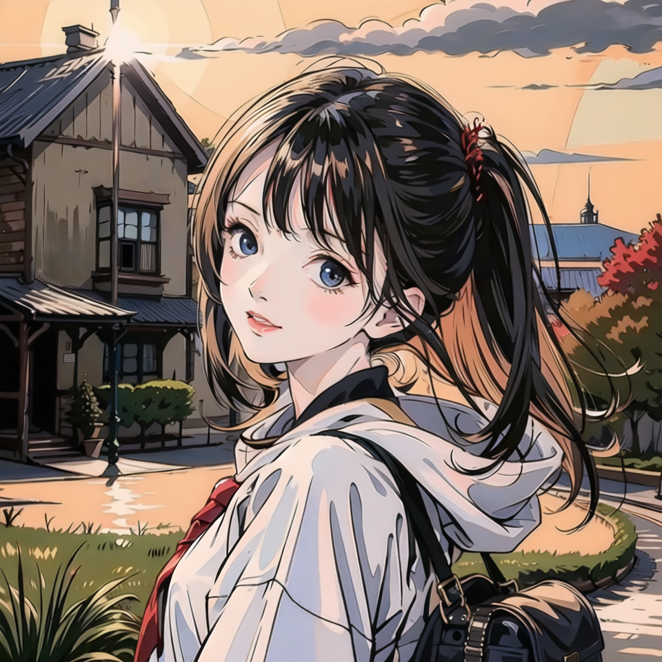 高清插画 - 夕阳下的小女孩