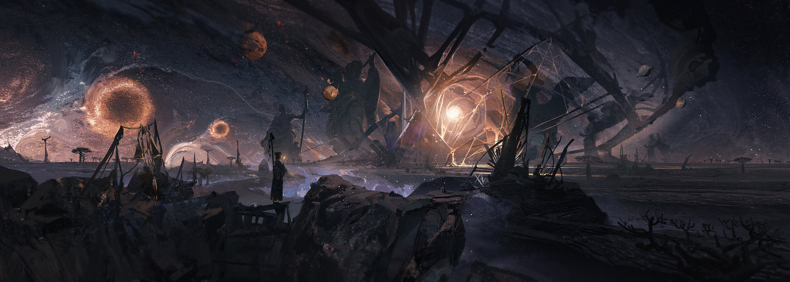 异世界奇幻风景,场景宏伟壮观,插画构图精妙,视觉效果非常棒