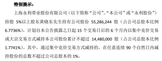 永利股份股东黄晓东拟减持不超1448万股公司股份 一季度公司净利5635.