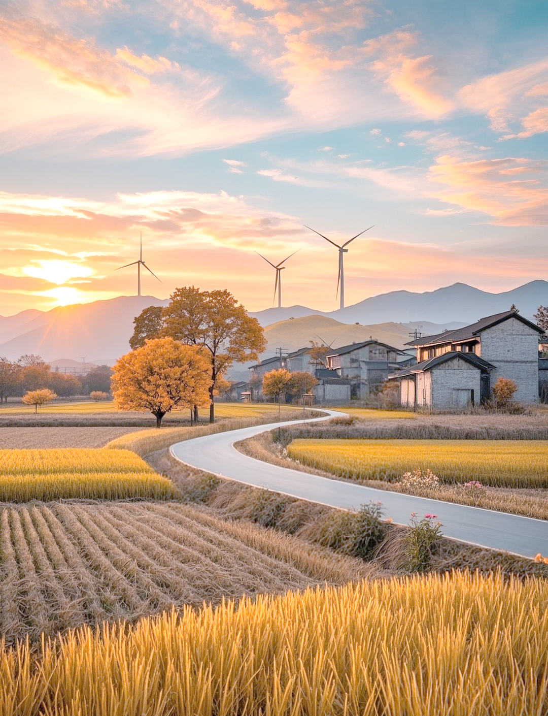 秋日夕阳下的田园风光