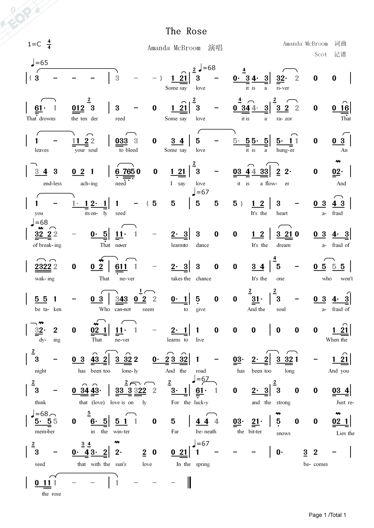 「经典怀旧名曲」the rose——amanda mcbroom原唱版——动态简谱