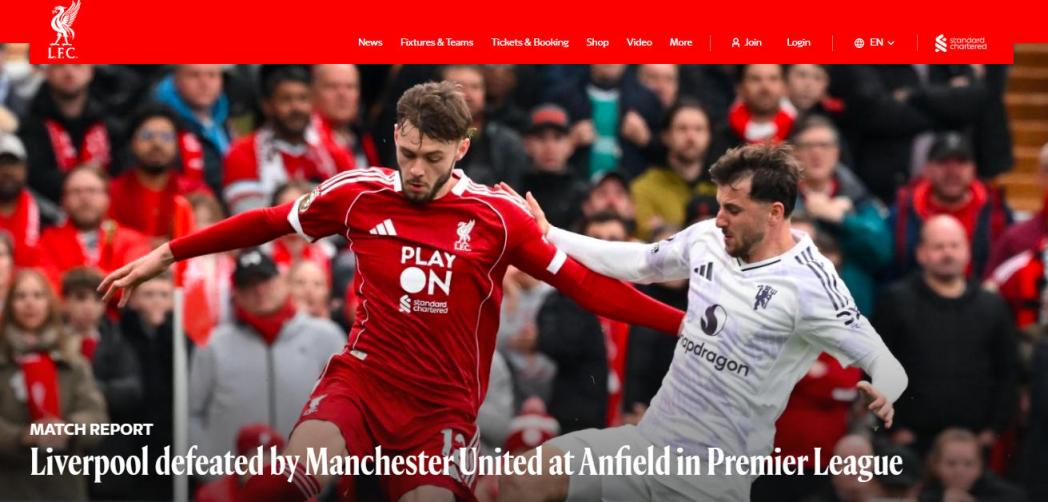 英超联赛双红会 曼联客场2比1利物浦 斯洛特回应球队低迷_双红会利物浦笑到最后 或送曼联百年尴尬纪录