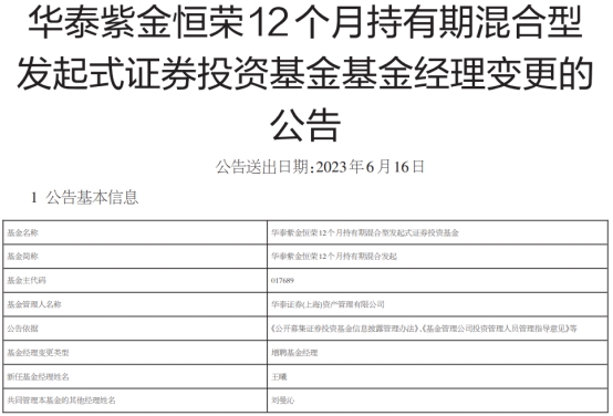 华泰紫金恒荣12个月持有期混合发起增聘基金经理王曦