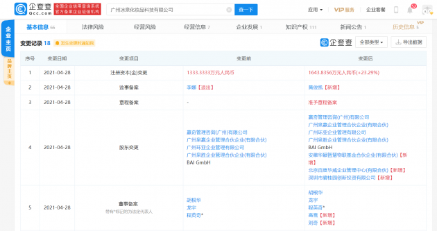 百度与碧桂园关联公司投资广州冰泉化妆品科技有限公司