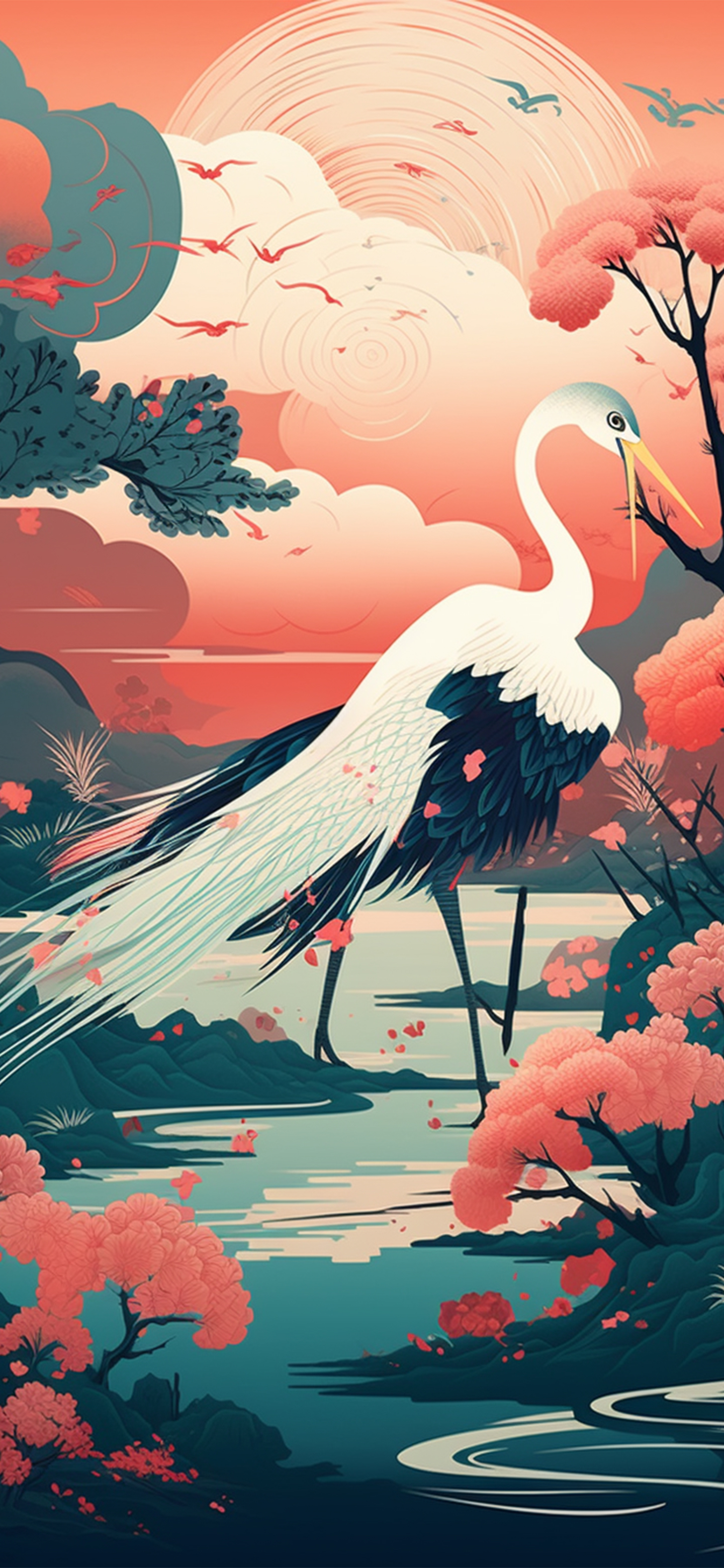 国风瑞兽壁纸,仙鹤与鹿寓意长寿和繁荣昌盛