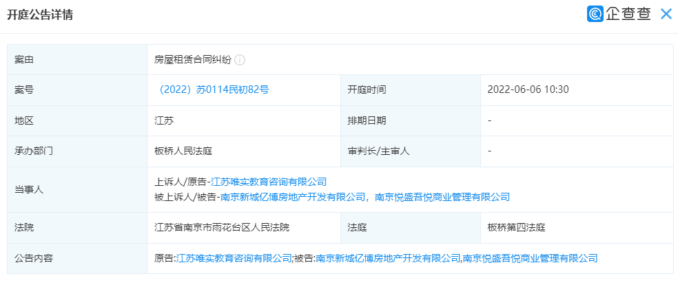 南京新城億博房地產新增開庭公告 案由系房屋租賃合同糾紛