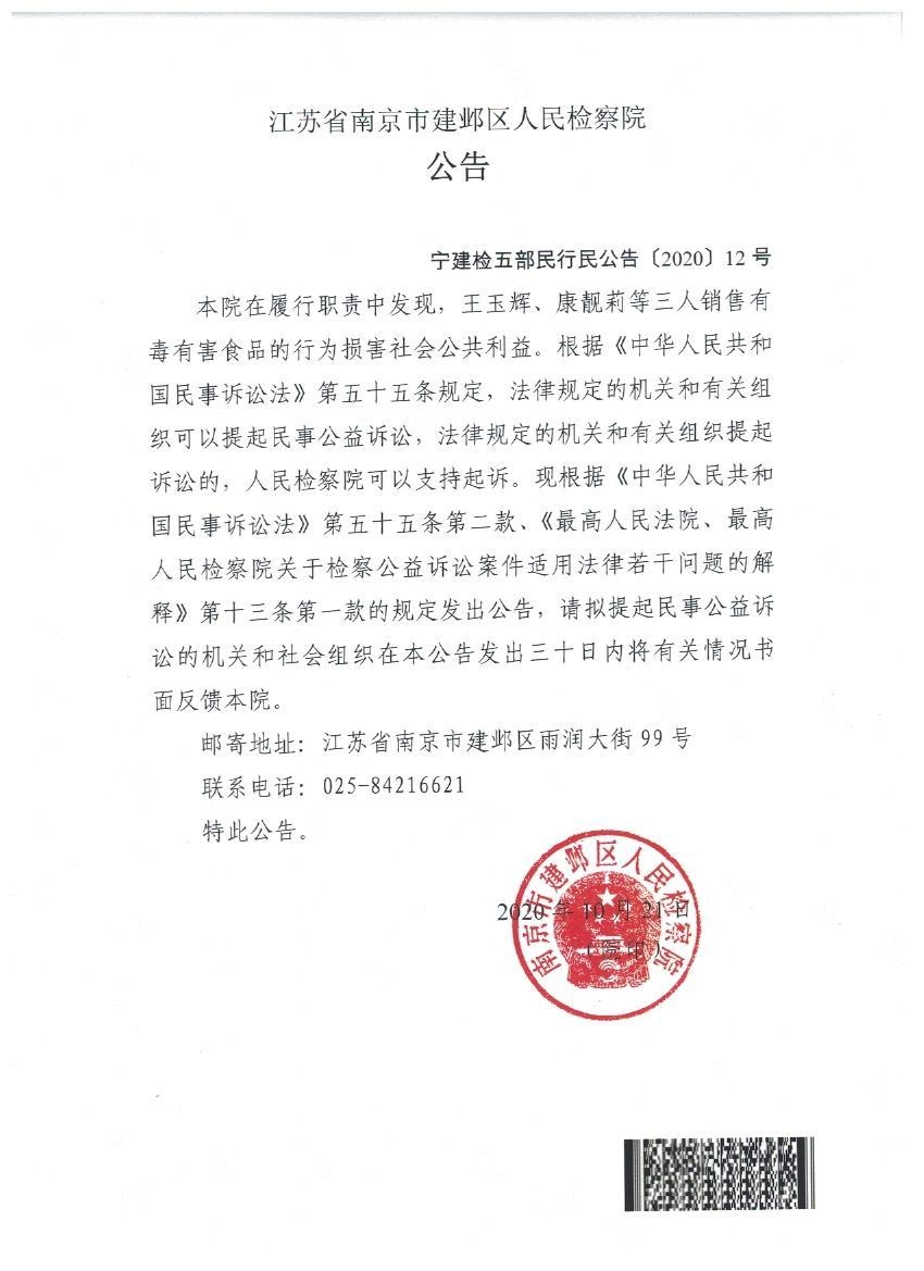 江苏省南京市建邺区人民检察院对王玉辉,康靓莉等三人提起民事公益