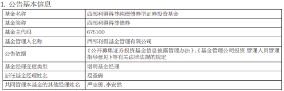 西部利得基金3只债基增聘基金经理易圣倩