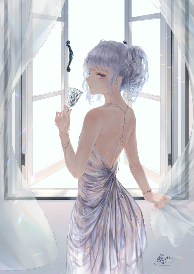 画师「稔也」作品欣赏:光影柔美,浅色系银发少女人物插画