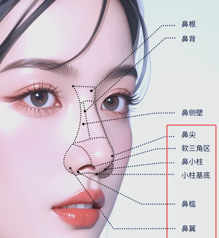 鼻头,作为鼻子最为精细的部分,由多个亚单位如鼻尖,鼻翼,鼻小柱和鼻孔