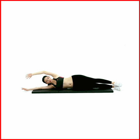 侧卧挺身 侧身卧,大腿可弯曲,作侧位挺身上抬动作,两侧轮换做.