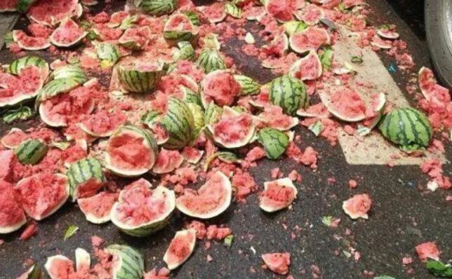 唐山一市场很多烂西瓜扔了一地,一片狼藉!