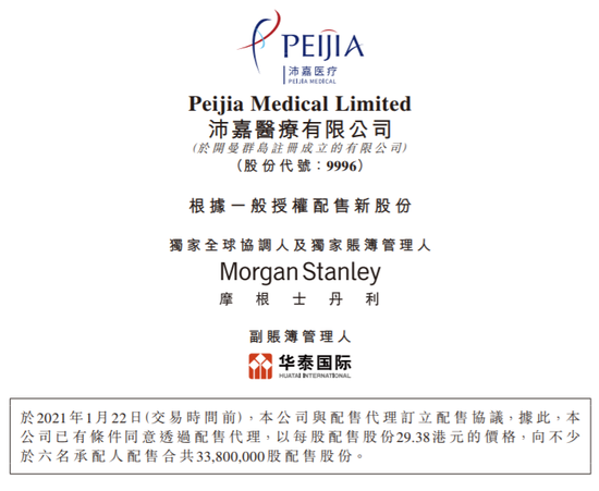沛嘉医疗拟折让1.9%配售3380万股 筹资9.9亿港元