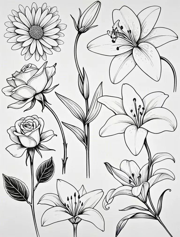 分享多种花朵简笔画的线稿素材,包括水仙花,月季花,牵牛花,兰花和百合