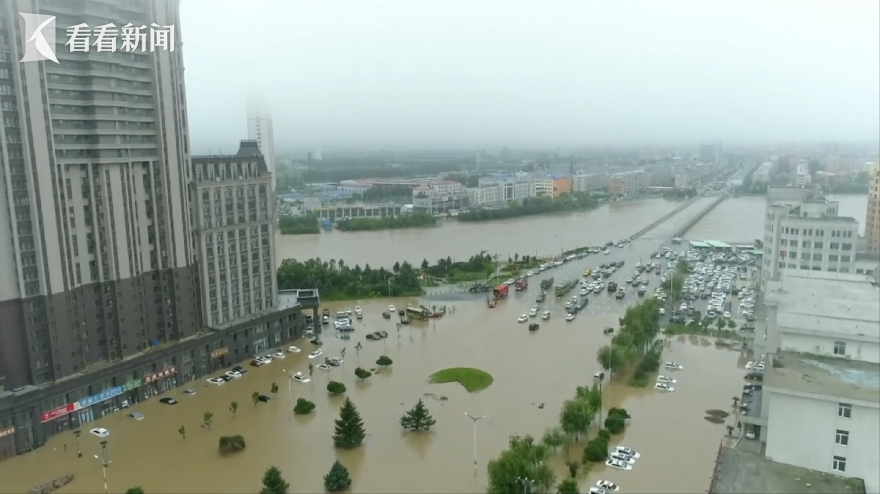 航拍黑龙江尚志市河水漫堤造成内涝实景