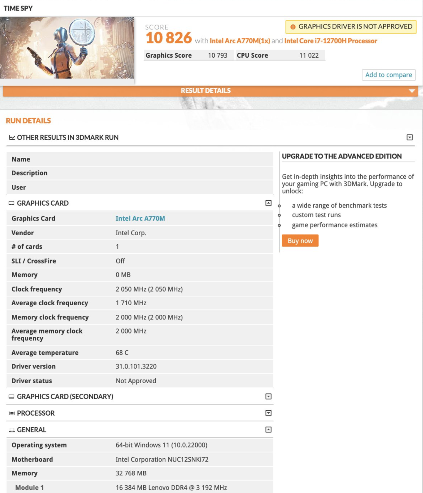 英特尔巨蛇峡谷 nuc 跑分曝光:锐炫 a770m 显卡跑分超 rtx 3060