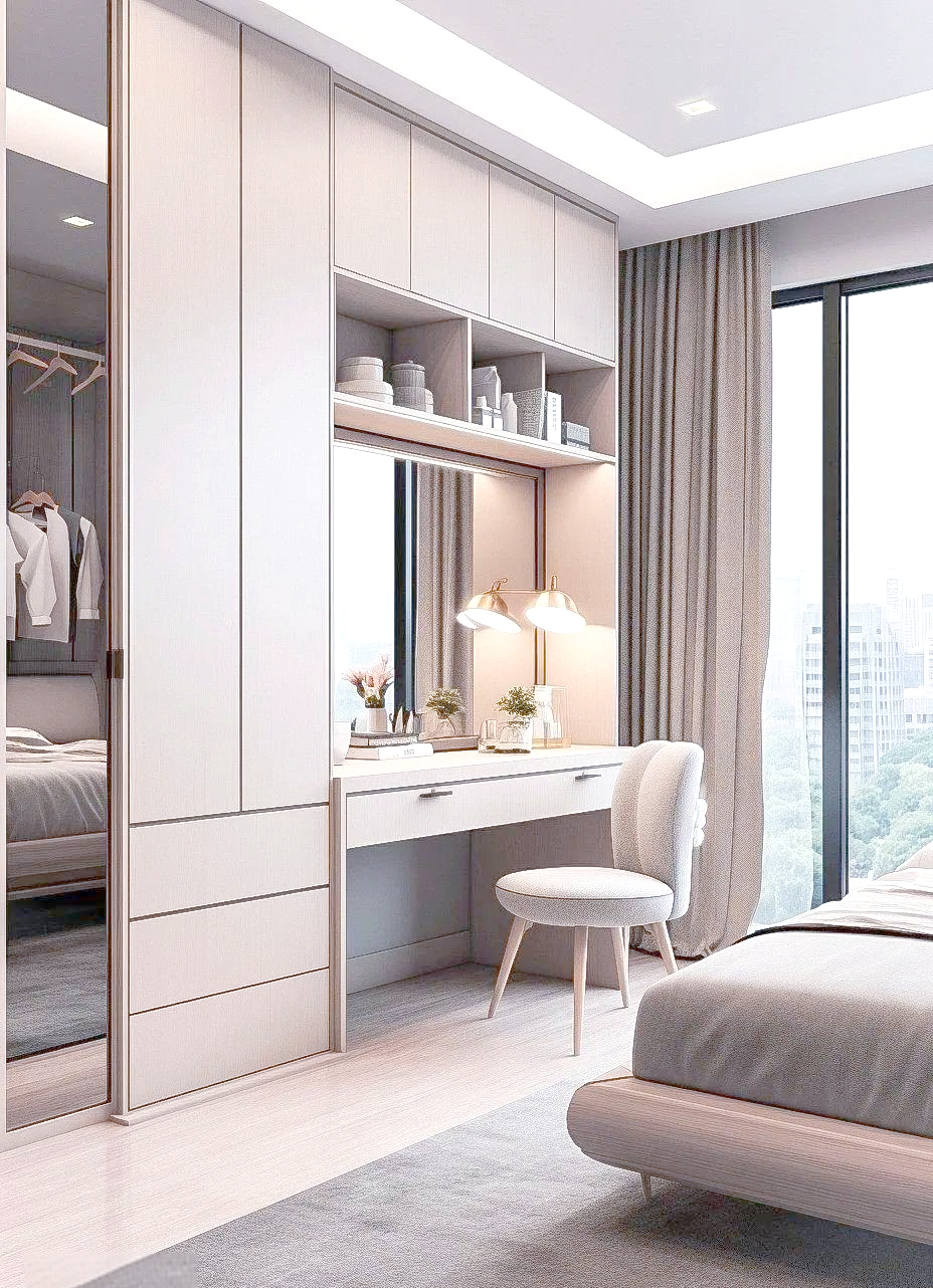 满墙衣柜与梳妆台衣柜的一体化设计,以及针对不同大小户型的卧室所