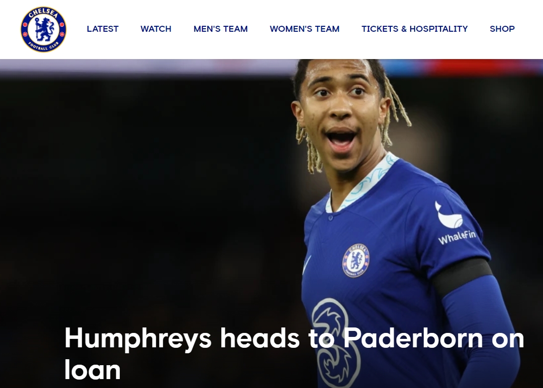 官方:切尔西19岁后卫汉弗莱斯租借至德乙帕德博恩,租期至赛季末