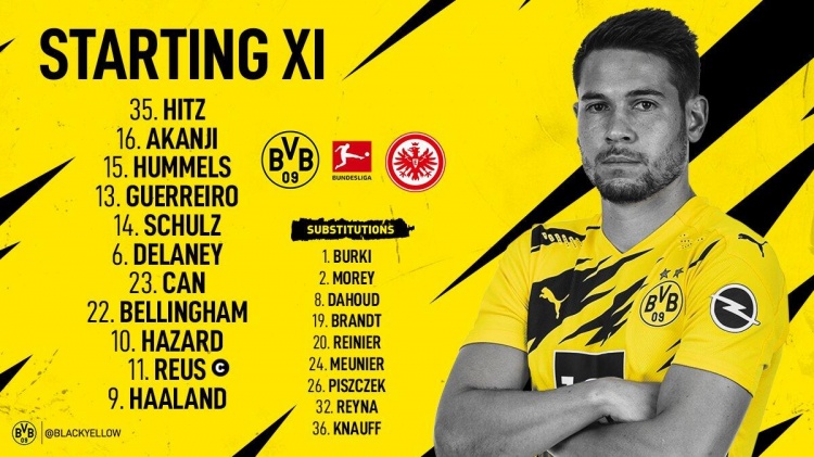 多特蒙德vs法兰克福首发:罗伊斯领衔,哈兰德,小阿扎尔出战