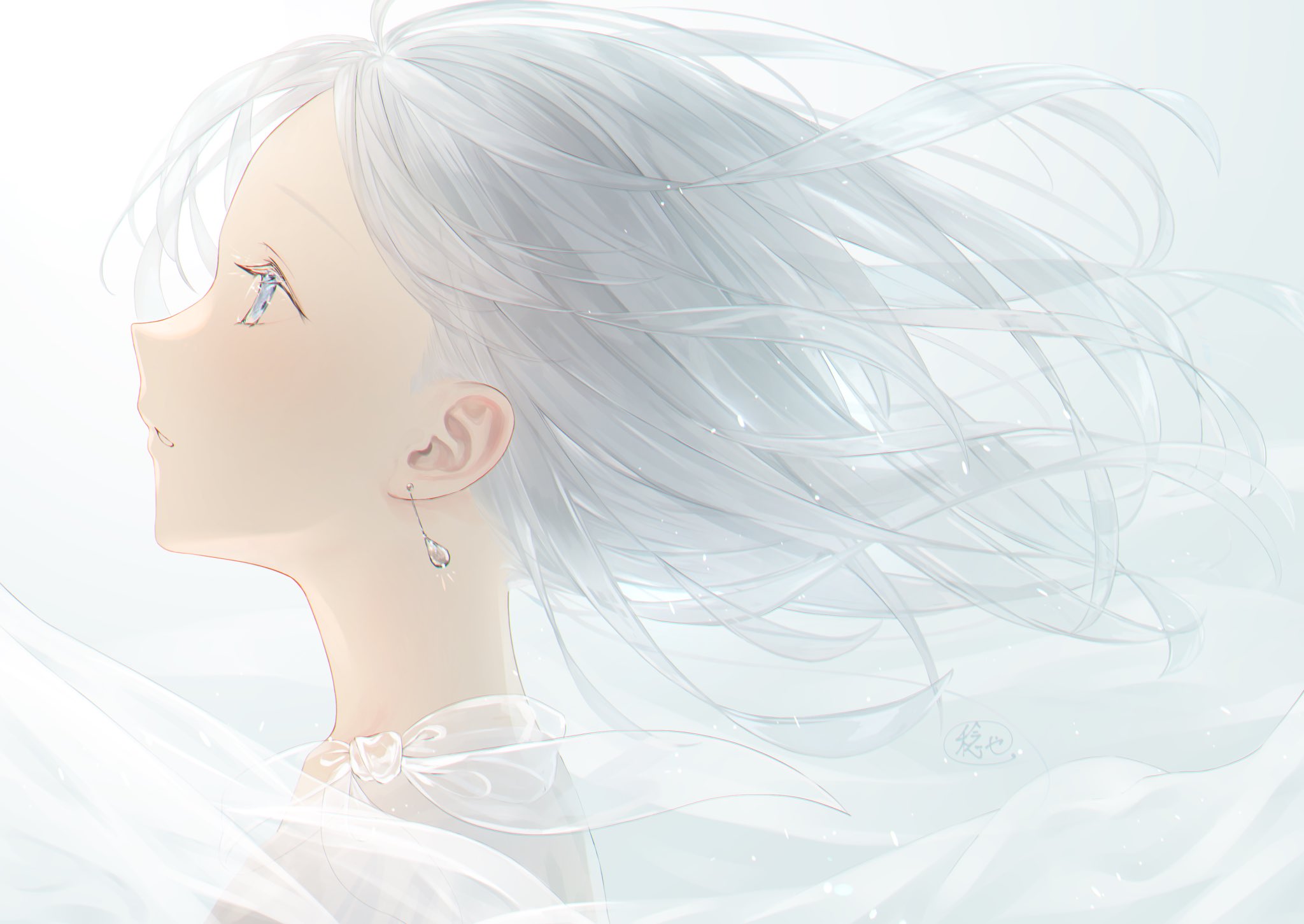 画师「稔也」作品欣赏:光影柔美,浅色系银发少女人物插画