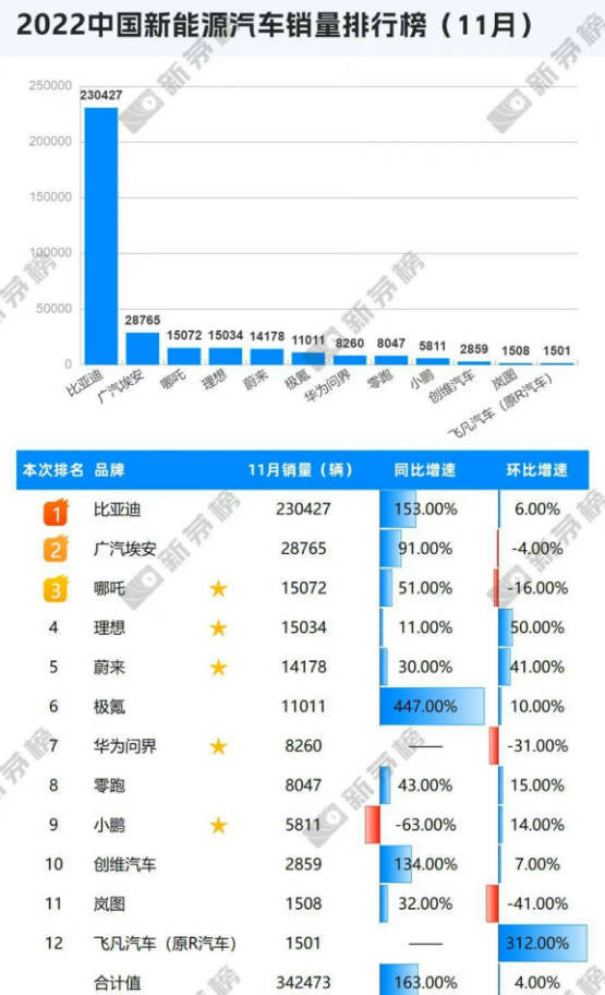 2022年11月新能源汽车销量排名（图源水印）