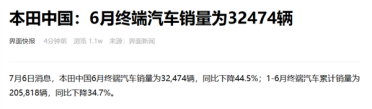 思域、飞度、雅阁等神车都卖不动！本田中国6月销量32474辆 大跌44.5%