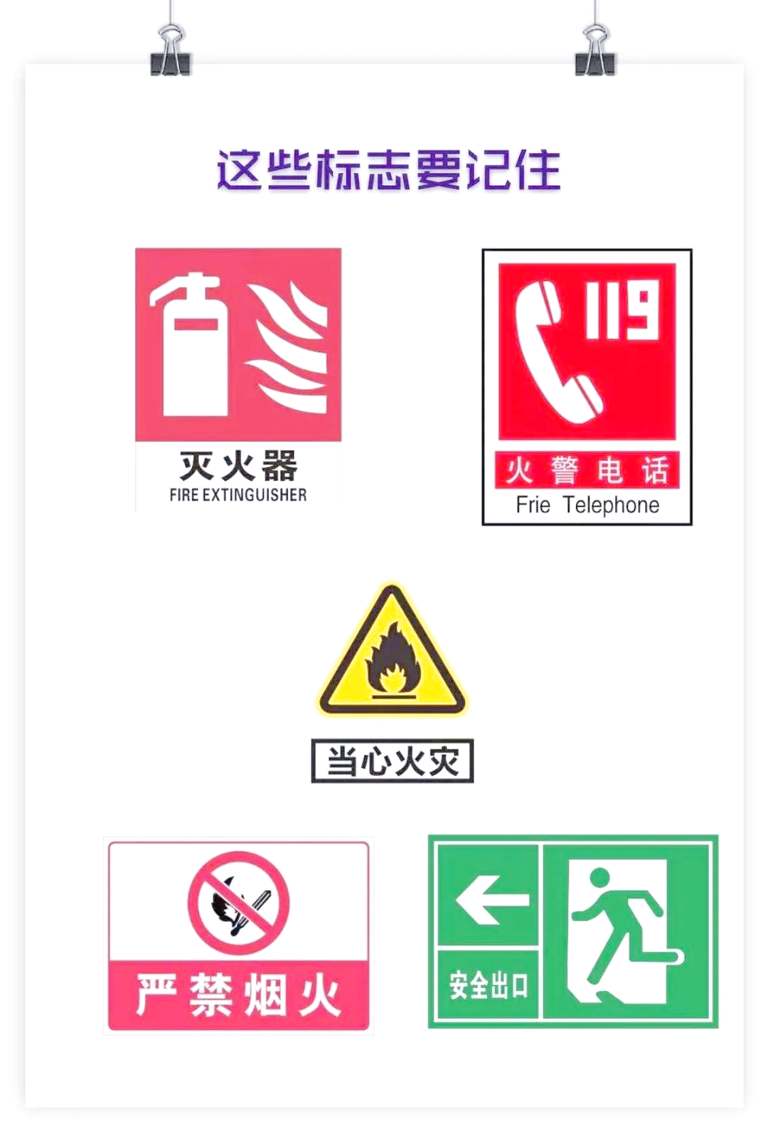 家长应教导孩子认识各种消防安全标识,例如安全出口的标志,疏散方向的