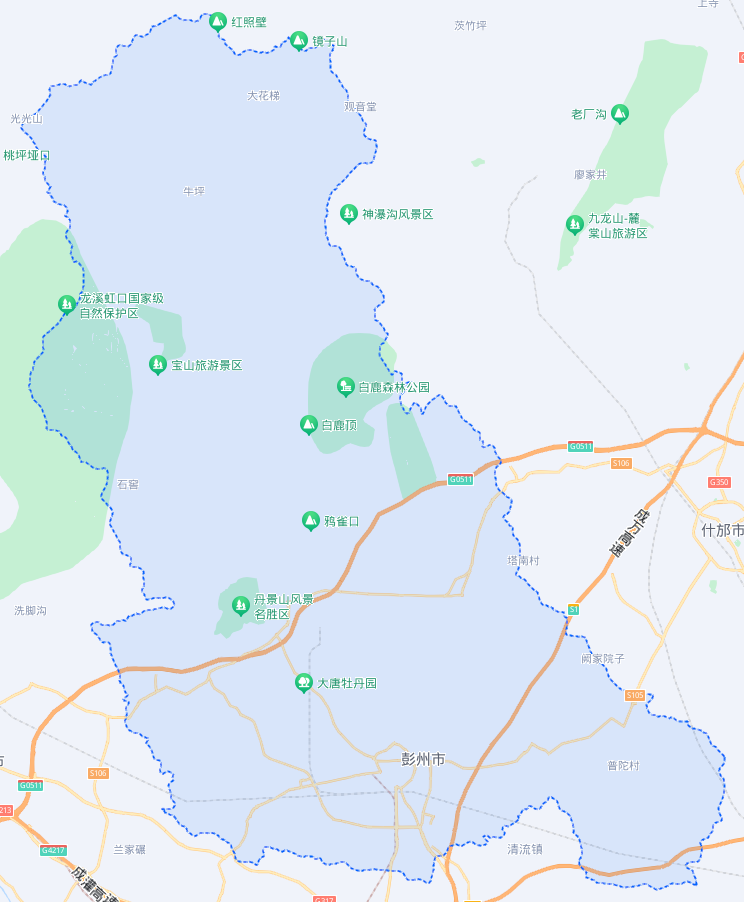辖4个街道(天彭街道,隆丰街道,濛阳街道,致和街道),9个镇(龙门山镇,丽