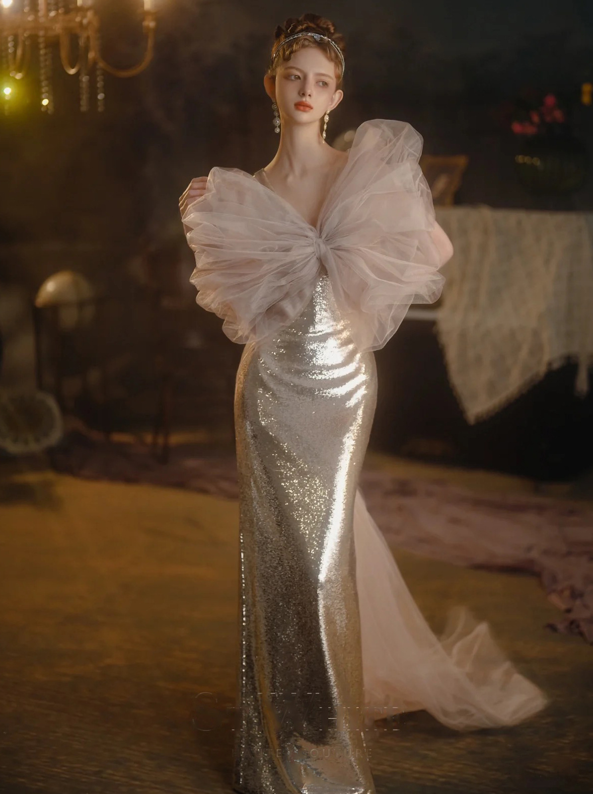 粉色抹胸模特走秀星空敬酒服亮片年会鱼尾超仙晚礼服主持人