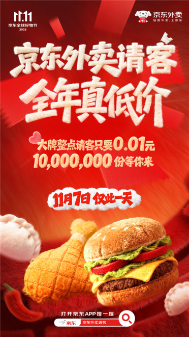 京东外卖请客：明天1000万份美食只要1分钱 仅此一天