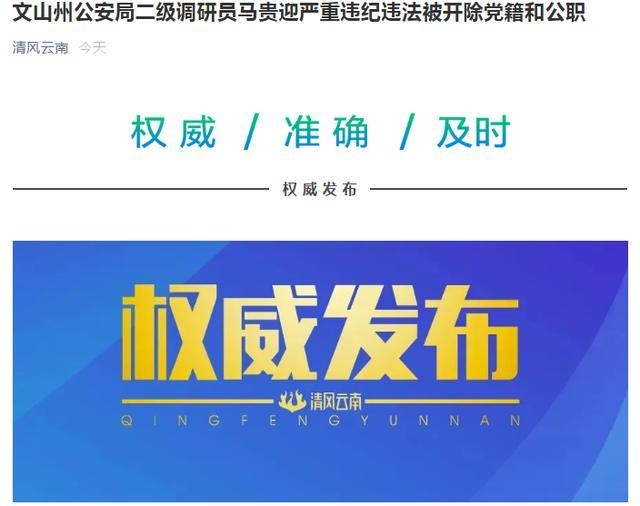 文山州公安局二级调研员马贵迎严重违纪违法被开除党籍和公职