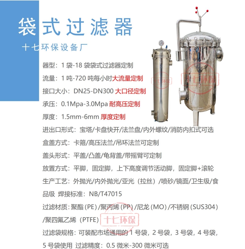 湖南十七环保设备厂不锈钢袋式过滤器的常用参数总述