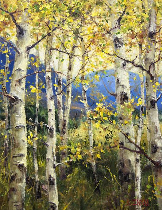 那一片片宁静优雅的白桦林—色彩极其鲜艳靓丽的油画