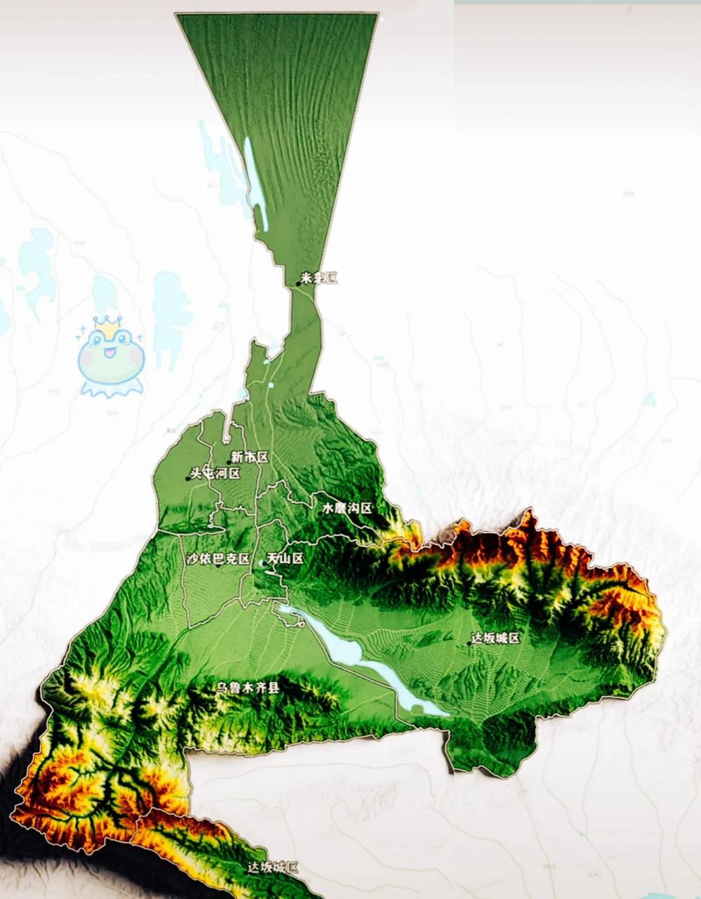乌鲁木齐地形图,看起来十分有意思,从左边看像一个狗头上高擎着号角.