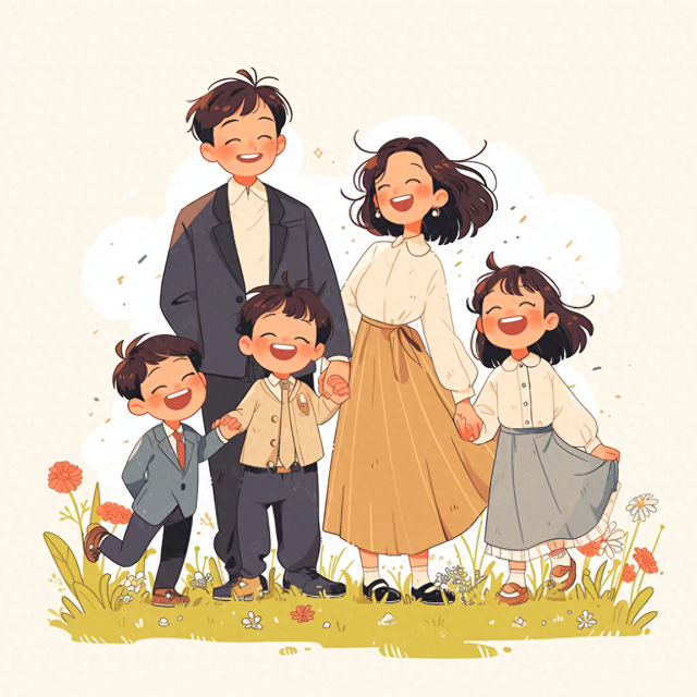亲子头像|一家五口卡通头像,一个姐姐两个弟弟