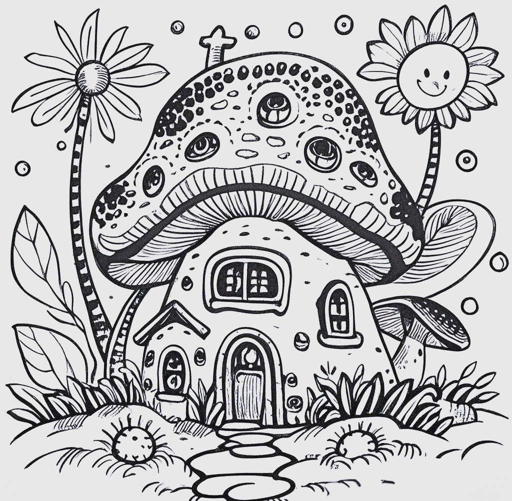 蘑菇主题的黑白线稿创意儿童画手绘指南