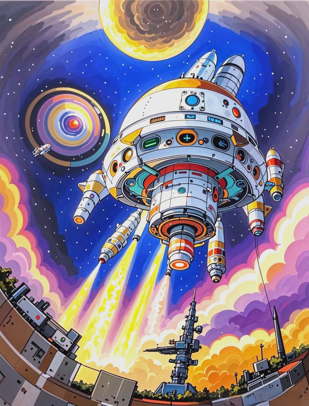 精选科幻主题参赛作品:星舰与航空航天题材,颜色鲜艳且运用马克笔手绘