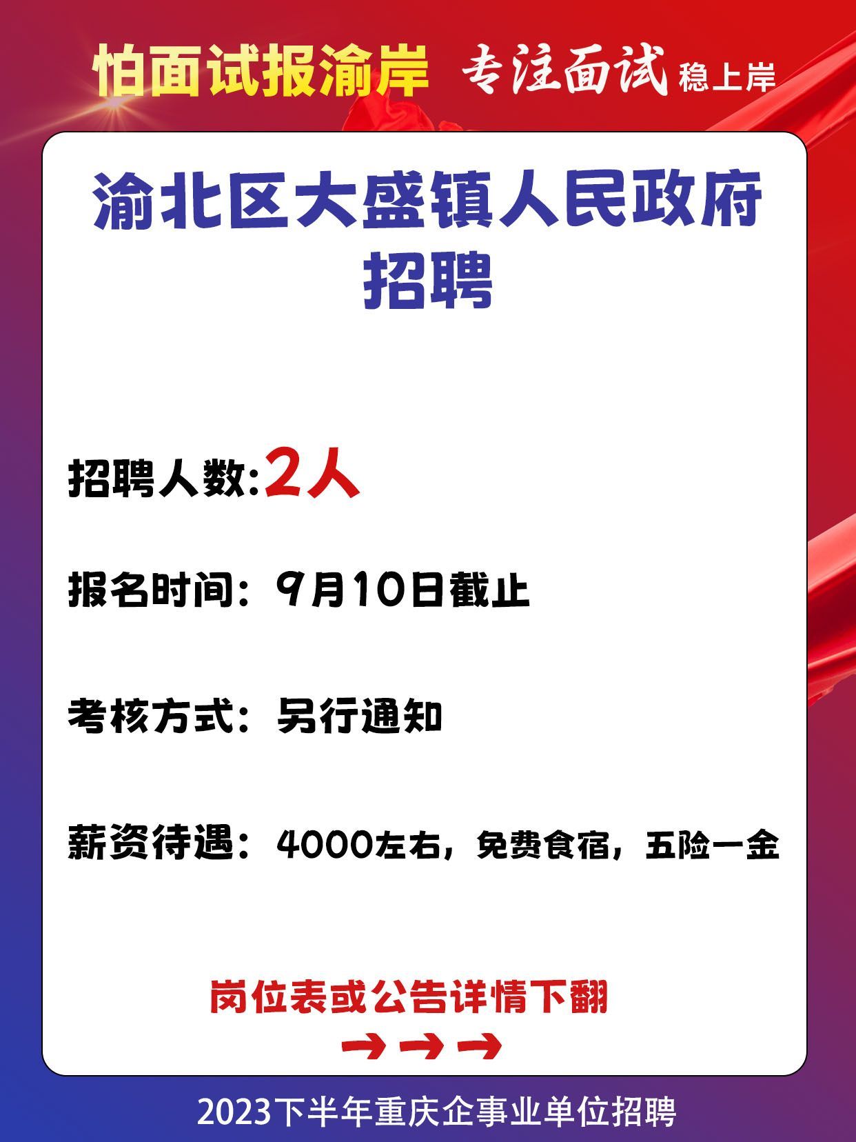 重庆事业单位渝北区大盛镇招聘2人