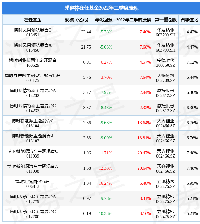 郭晓林旗下基金公布2022年二季报,博时新能源汽车主题混合a基金季度