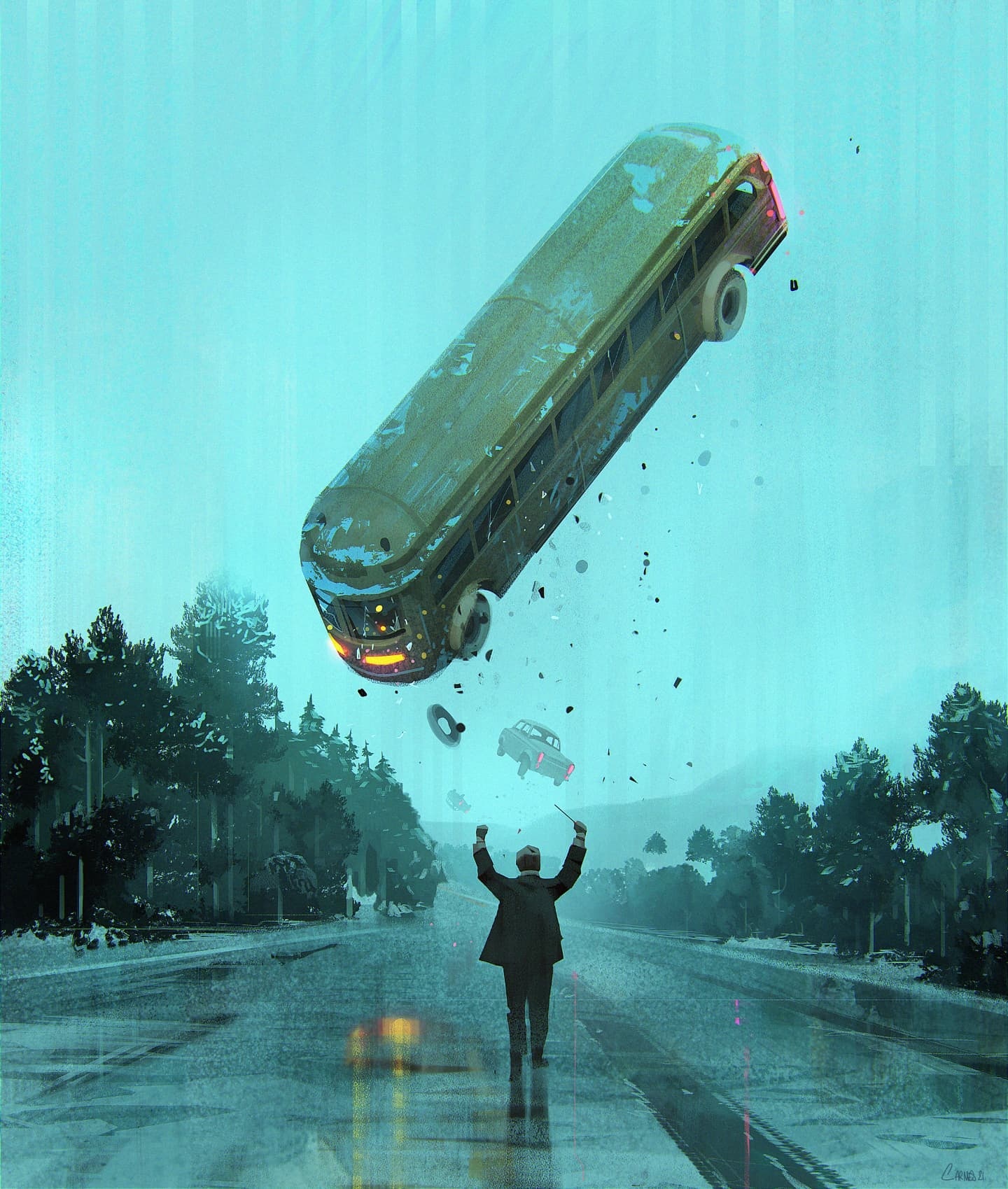 充满宿命感的迷幻概念插画,巨型骷髅像孤勇的英雄屹立不倒