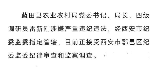 蓝田县农业农村局党委书记,局长,四级调研员雷新刚接受审查调查