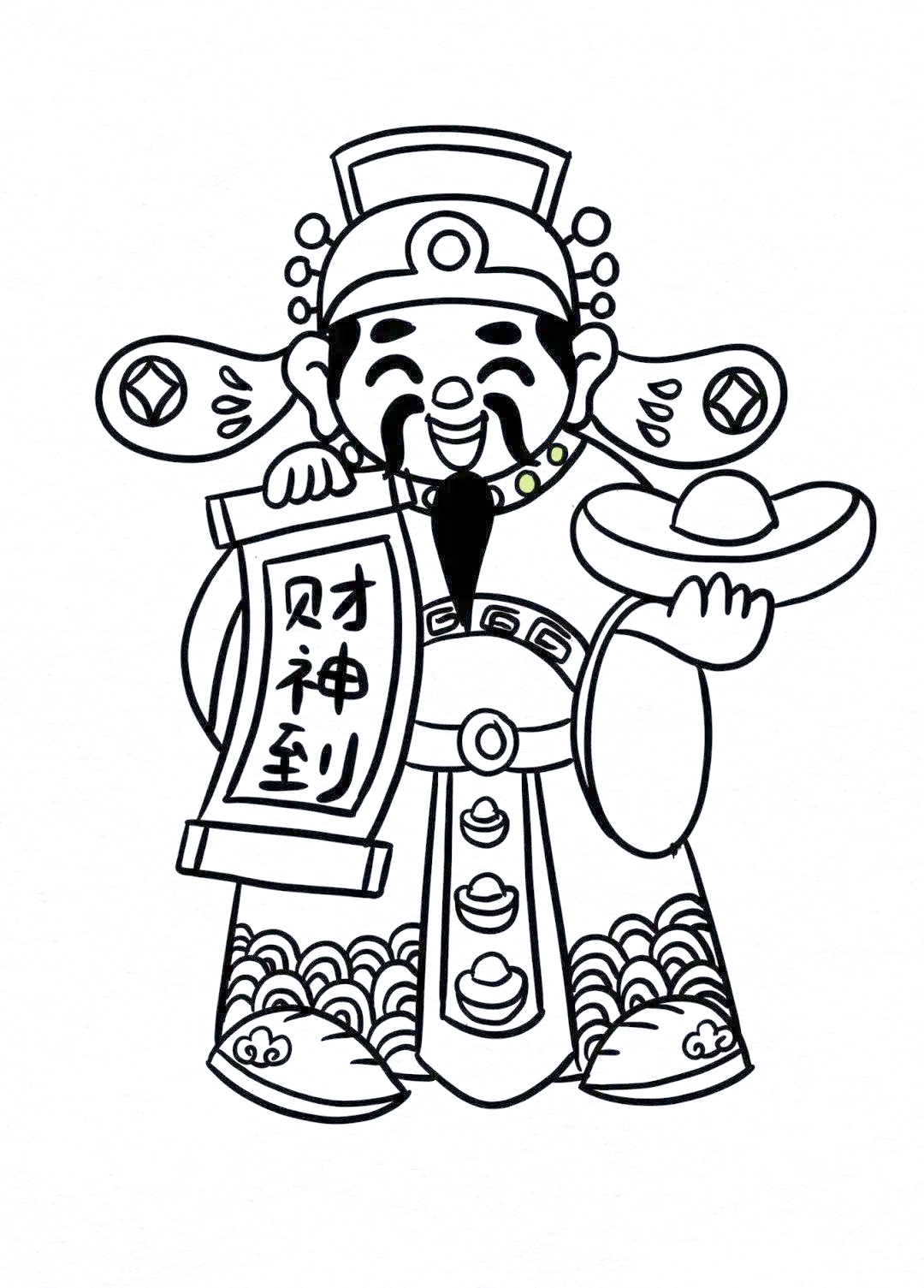 精选创意儿童画,新春迎财神主题,喜庆可爱且寓意深,附线稿挑战,激发