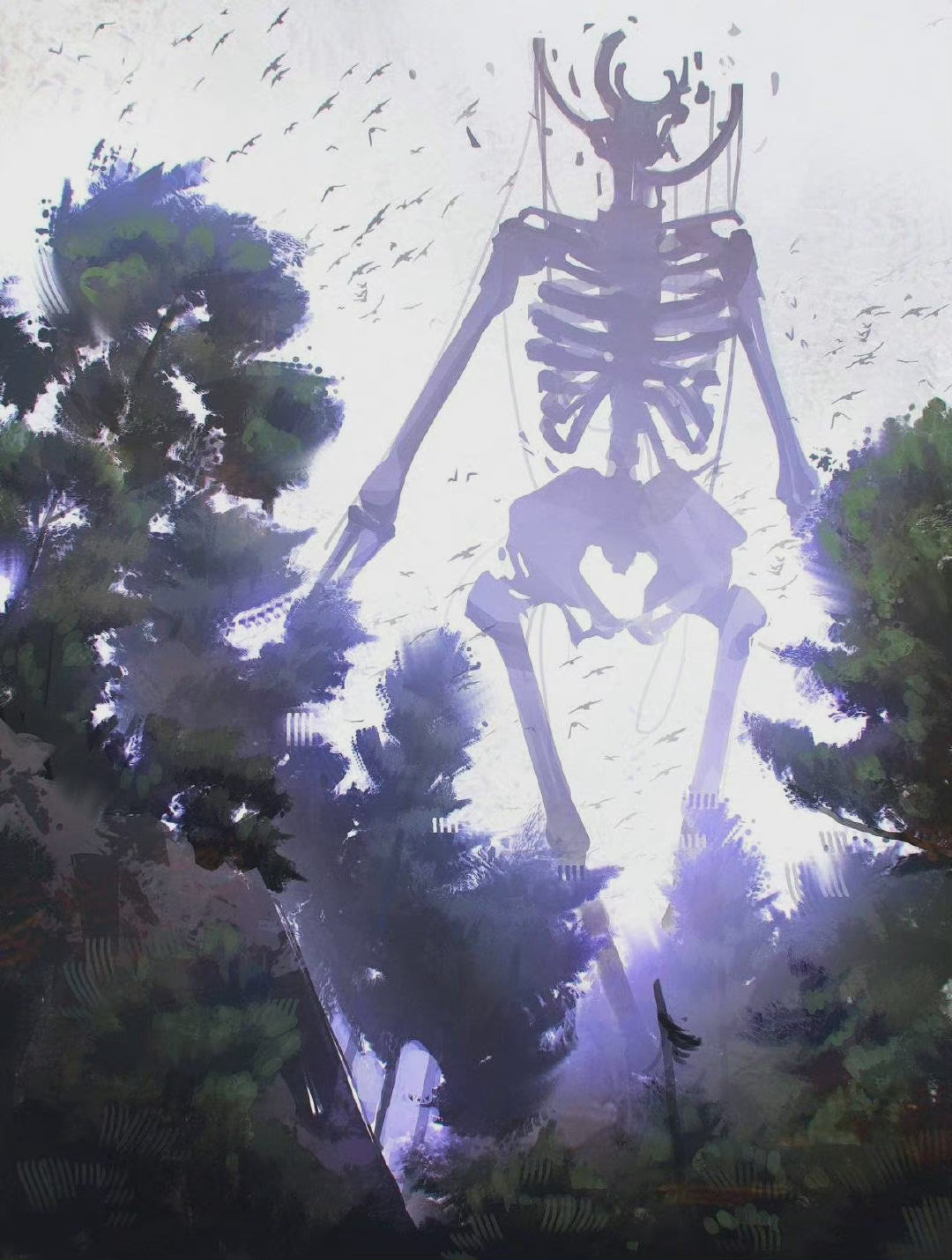 充满宿命感的迷幻概念插画,巨型骷髅像孤勇的英雄屹立不倒