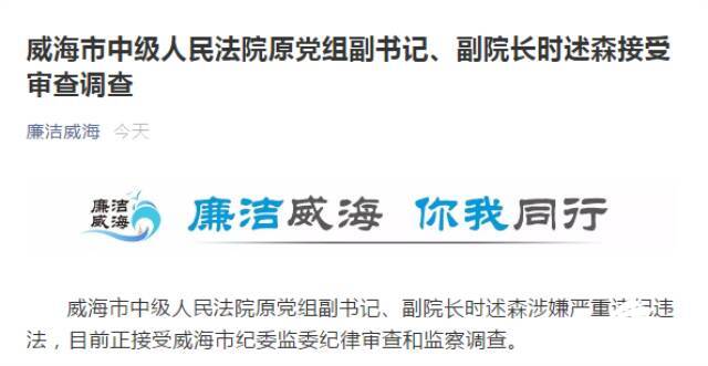 威海市中级人民法院原党组副书记,副院长时述森接受审查调查