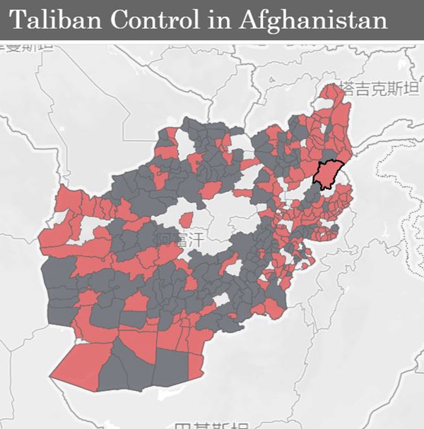 深灰色为塔利班控制区,浅灰色为政府控制区,红为争夺地区